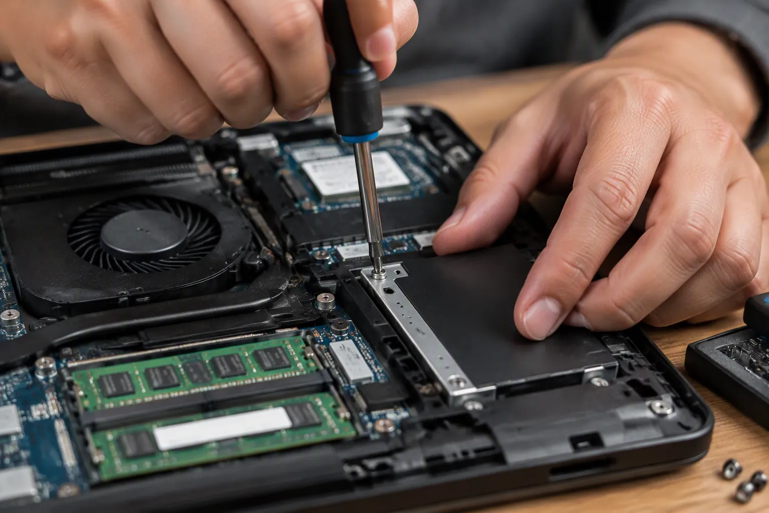 Technician fitting a new drive inside an opened laptop