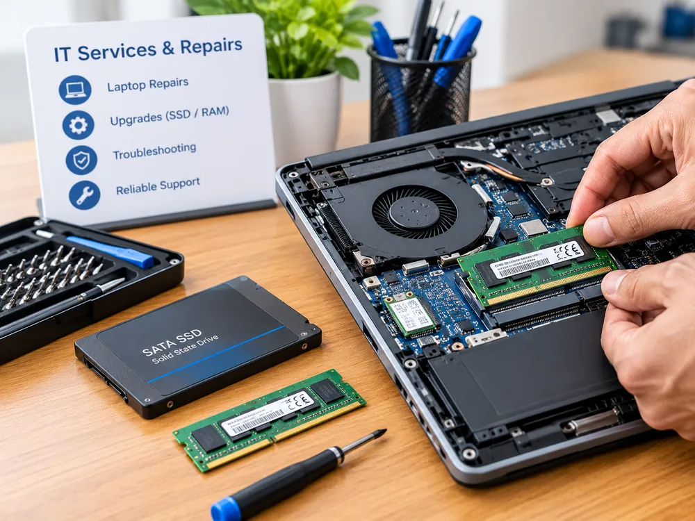 Laptop RAM upgrade in progress beside a new SSD and repair tools