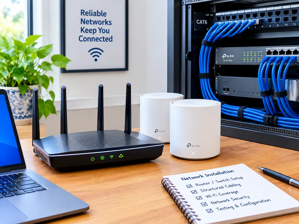 Router, mesh Wi-Fi units and a network cabinet with neatly bundled cabling
