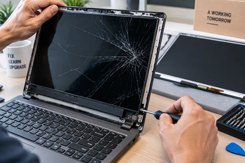 Technician removing a cracked laptop screen for replacement