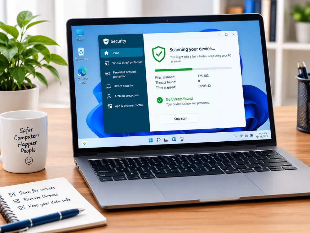 Laptop showing a completed security scan with no threats found