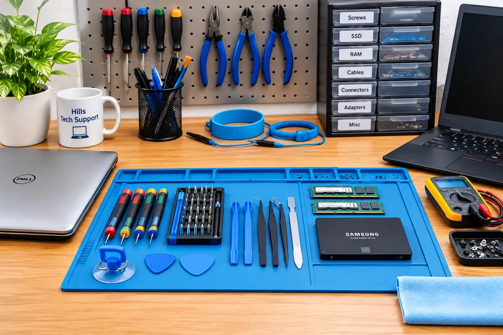 Repair workbench with tools, spare RAM and an SSD laid out on an anti-static mat
